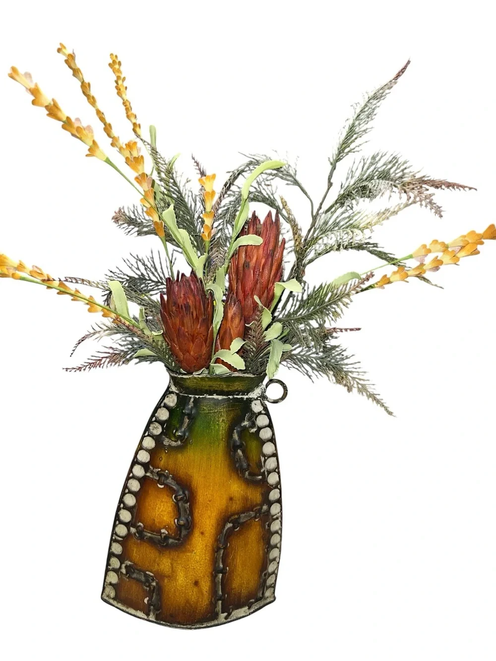 Rustic Yellow Green Metal Vase with Faux Wildflower Arrangement